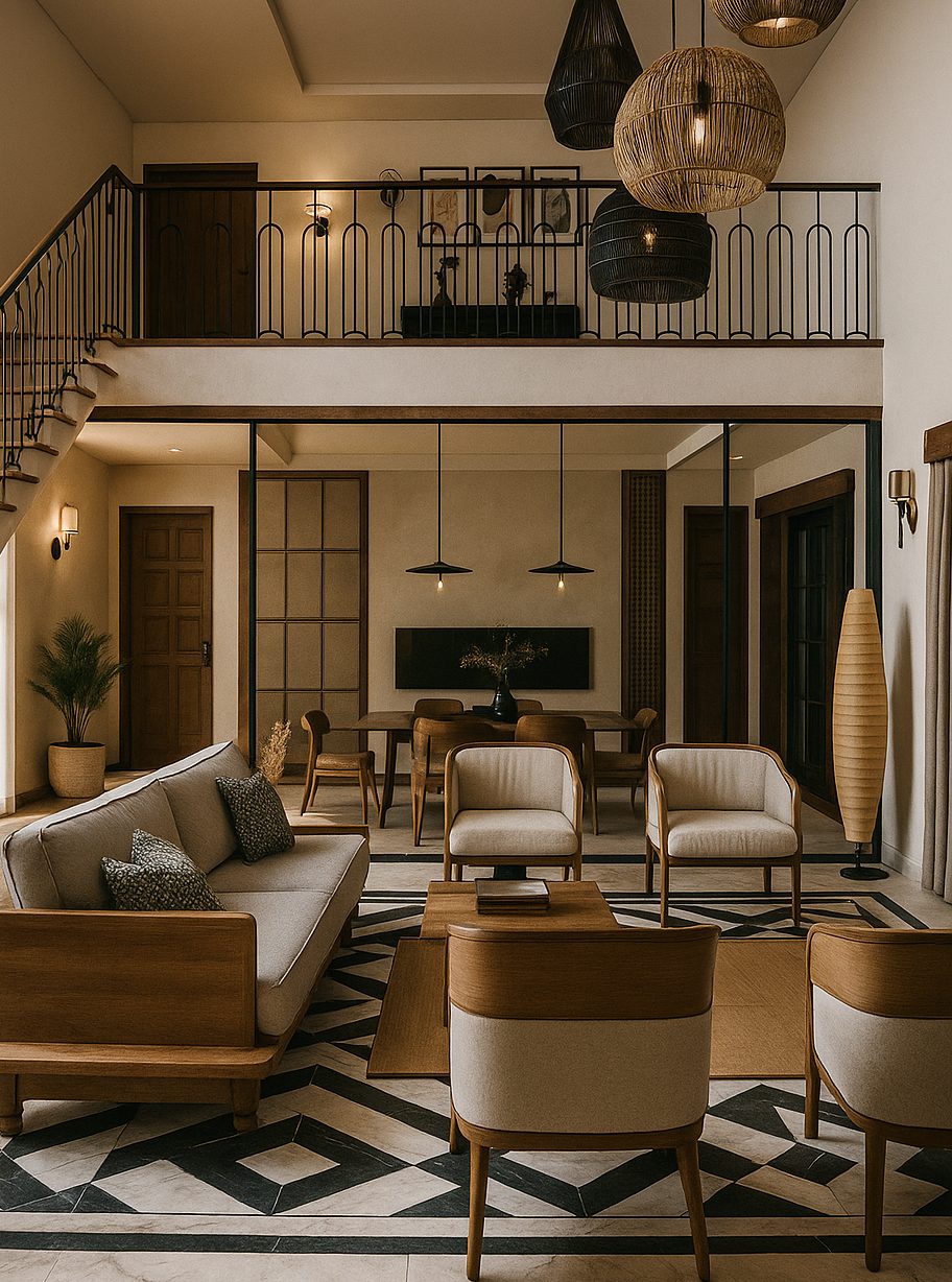 Double-height living room with woven pendants and timber furniture
